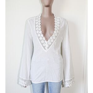 Vintage Guess Boho White Cotton V Neck Lace Bikini Cover Up Blouse Size Small